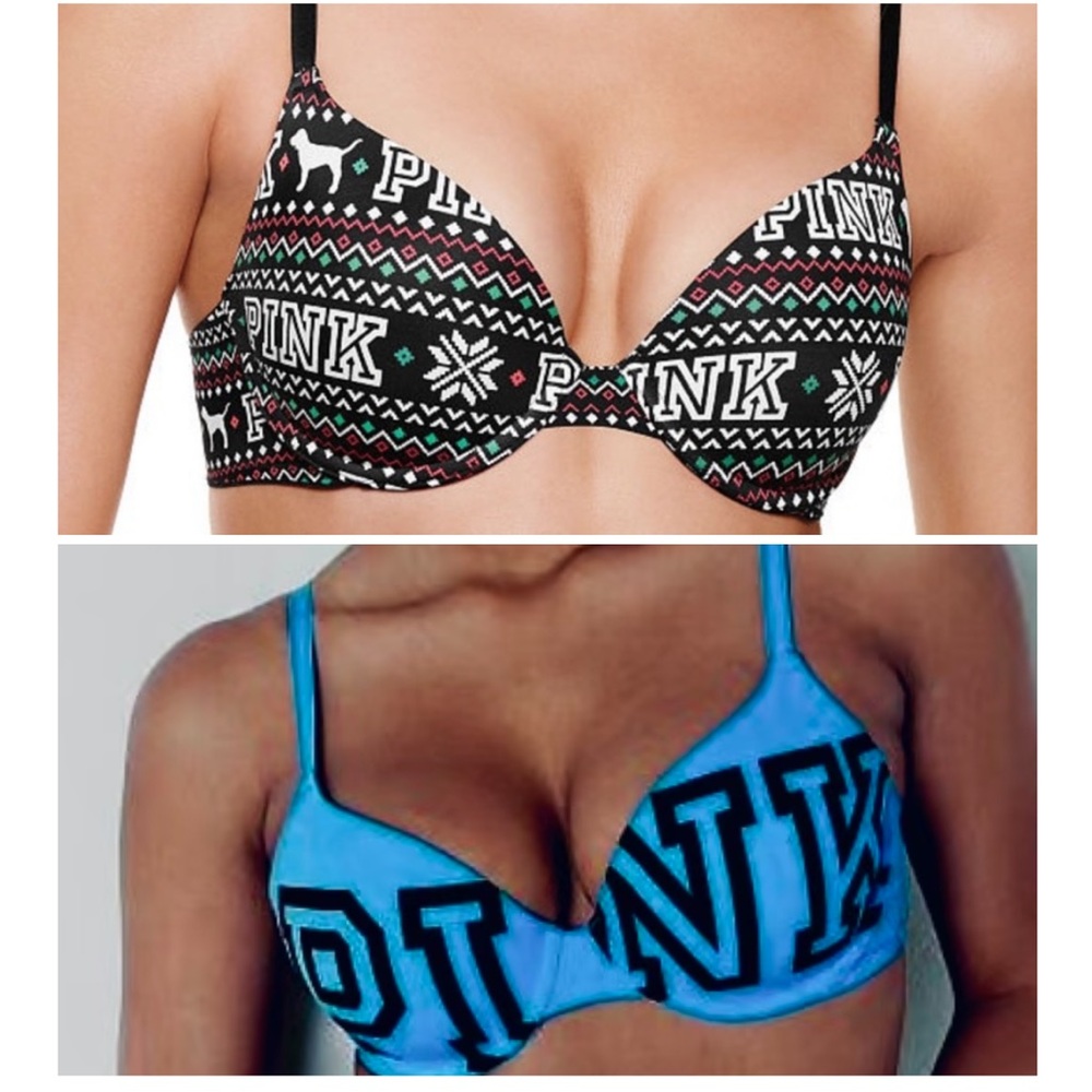 2 Vintage Victorias Secret PINK Bra Wear Everywhere Lightly Lined Blue & Blk 34D